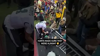 Another angle of fans nearly collapsing onto Jalen Hurts 🤯