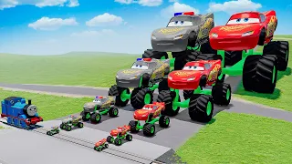 Big & Small Monster Truck Mcqueen Police vs Mcqueen vs Thomas the Tank Engine Train | BeamNG.Drive