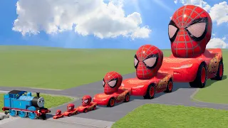 Big & Small Lightning Mcqueen Spider-Man vs Thomas the Tank Engine Train | BeamNG.Drive