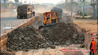 Excellent​ Activity Technique Operator Dozer Push Stones & Dump Trucks Making Side Road Construction