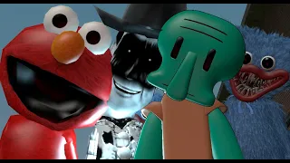 huggy wuggy, elmo, squidward and corrupted wuddy chasing me gmod nextbot