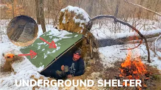 Solo Overnight Building an Underground Shelter and Fireplace In The Snow and Lil Smokies Bacon Chili