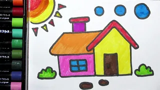 How to Drawing Beautiful House for Kids | House Drawing and Painting Easy | Landscape Drawing Easy