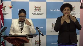 Fijian Minister for Education, Ms. Premila Kumar holds a press conference at Senikau House