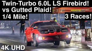 Gutted Tesla Plaid vs Twin-76mm-Turbo 6.0L LS Firebird! 1/4 mile! 3 Races! 4K UHD Dragstrip Action!