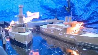 Cardboard Ship On Fire And Sinking: Battleship Indiana Versus Battleship Canopus