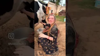Mummy ji ki reaction in the end 🤣 milking a cow is not easy at all! #foreigner #india #villagelife