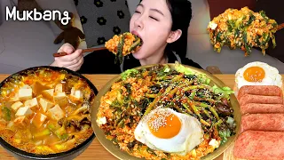 Korean home food, bibimbap, soy bean paste stew, spam, fried eggs, eating show ASMR REAL MUKBAnG