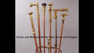 Canes welded from reclaimed brass parts and copper tubing, walking sticks