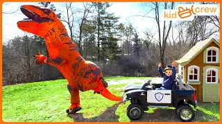Dinosaur police truck chase and baby T-rex rescue! Educational how model rockets work | Kid Crew