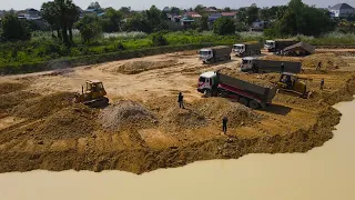 Amazing Mighty Bulldozer Pushing Soil with Dump Truck Unloading Soil into water Big Project