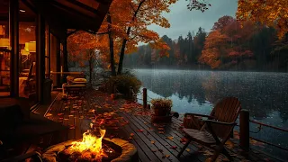 Lakeside Porch Ambience 🍁 Autumn Rainy Morning And Bonfire Burning For Sleep, Relax, Rest🔥