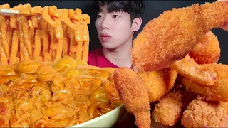 SUB) 배떡 로제떡볶이 & 새우튀김 리얼사운드 먹방 Spicy Rose Tteokbokki & Shrimp Tempura Eating Sound Mukbang