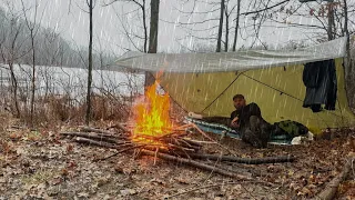 Camping in a Prolonged RAIN STORM | No Tent | Tarp Camping Lakeside