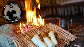 Long Term PRIMITIVE BUSHCRAFT SHELTER - MAKING a bushcraft tray table - COOKING up a feed.