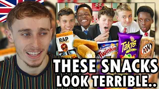 Brit Reacting to British Highschoolers try American Snacks for the first time!