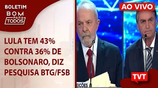 Lula tem 43% contra 36% de Bolsonaro, diz pesquisa BTG/FSB