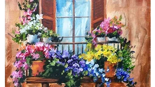 Flowers in the Window on a Balcony Beginner Acrylic Painting Tutorial by Ginger Cook