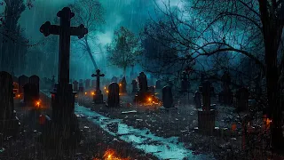 Haunted Cemetery on A Stormy Night with Heavy Rain, Thunder Sounds, Crows and Wolves Howling