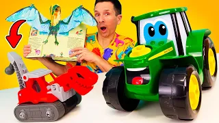 Jeux de construction avec Johnny le tracteur. Construisons les voitures-dinosaures!
