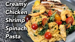 Creamy Chicken, Shrimp & Spinach Pasta | How to make Tuscan chicken and shrimp pasta