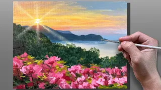 Acrylic Painting Mountain Lake Flowers / Correa Art