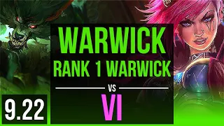 WARWICK vs VI (JUNGLE) | Rank 1 Warwick, KDA 12/1/8, 600+ games, Legendary | NA Grandmaster | v9.22