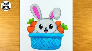 Cute rabbit inside basket drawing and colouring