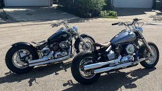 2 bobber builds. Yamaha V star 650 and 1100. His and hers customer builds!