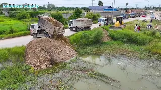 First Start Project, Processing Filling Up The Land huge, Bulldozer KOMATSU DR51PX, Dump Truck