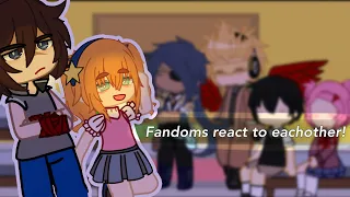 • Fandoms react to eachother  • | afton family 1/? || FNAF || OMORI || DDLC || MHA || genshin impact