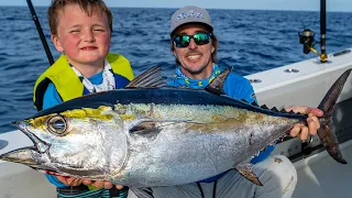 6 year old SMASHES BIG TUNA! Catch Clean and Cook!