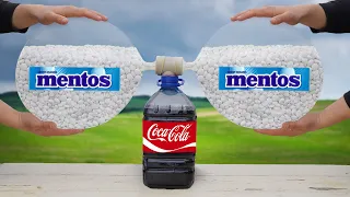 Experiment: the Bottle of Coca Cola VS the Balloons of Mentos. Cool reaction!