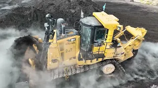 Aerial View Of Caterpillar D9T Bulldozer And Caterpillar 990 Wheel Loader Working In A Coal Mine -4k