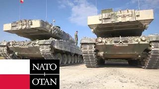 Polish Army, NATO. Powerful Leopard 2A5 tanks at a training ground in Germany.