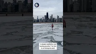 Man Takes a Stroll on Lake Michigan Ice Pancakes