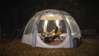 Solo camping in luxury tent with living room and room in heavy rain ASMR