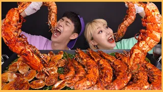 SUB)ASMR MUKBANG 초대왕!미친크기! 더미친맛!🔥 매운킹블랙타이거새우&조개찜+존맛양념부추먹방!! 6주년특집!Spicy King Black Tiger Shrimp!