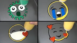 Emoji Pancake art   Virus, Crying face, Face with a mask on, Happy face