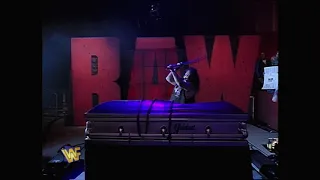 Undertaker, Paul Bearer Promo. Mankind and Goldust lock Undertaker in a casket and smash it up (WWF)