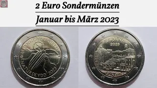 2 Euro Sondermünzen 2023 - Alle Ausgaben von Januar bis März 2023