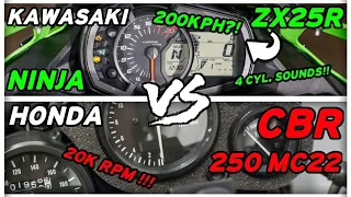 Kawasaki zx25r vs honda cbr 250 mc 19 mc22  acceleration comparison top speed 4cyl sounds 20k RPM 🔥😱
