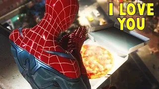 Spider-Man Eating Pizza on the RoofTop -The Heist DLC Black Cat- Spider-Man PS4