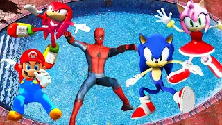 GTA5 Sonic Spiderman Amy Rose Mario Knuckles - Jump Fails Ragdolls  Funny moments (Euphoria Physics)