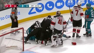 San Jose sharks vs New Jersey Devils scuffle in overtime