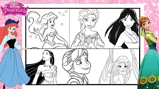 Disney PRINCESSES All TOGETHER Coloring Page ARIEL ELSA MULAN ANNA RAPUNZEL Coloring Compilation