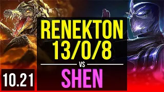 RENEKTON vs SHEN (TOP) | 13/0/8, 2.4M mastery, Legendary, 6 solo kills | EUW Diamond | v10.21