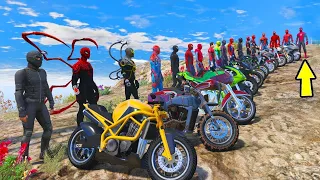 ALL SPIDERMAN Suits Motorcycles Mountain Speed Jump Challenge   GTA 5