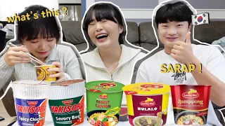 Korea Cousins Try Filipino Noodles for the First Time ! 🇵🇭 *NO FILTER REVIEW* Ep 4