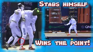 Fencer scores point by stabbing HIMSELF!? | Epee